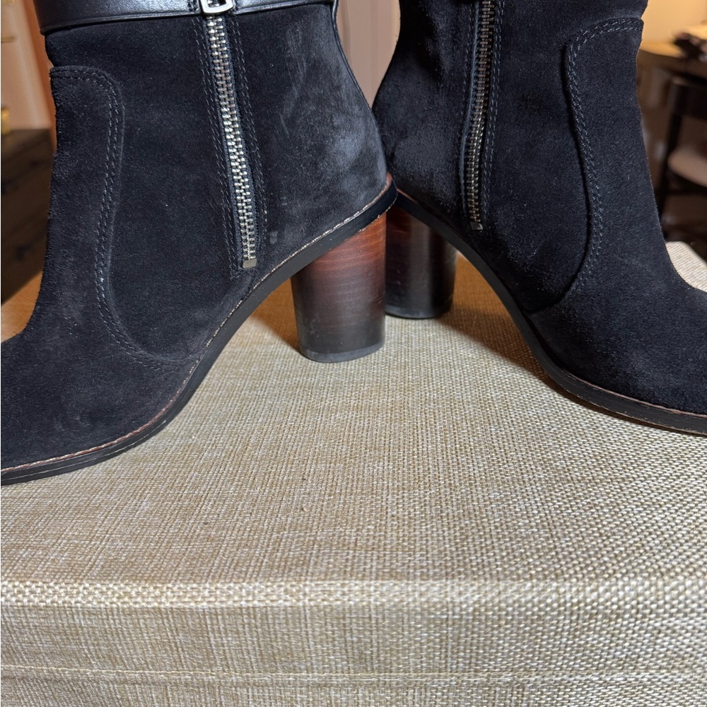 Coach Black Suede Ankle Boots with Gold Accent - Picture 2 of 4